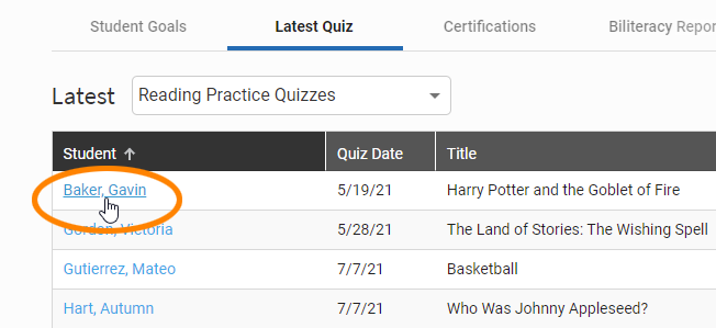 select a student's name to see more information about that student's quizzes