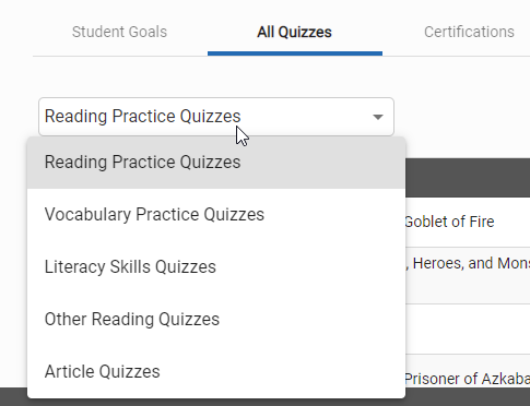 the quiz types available in the drop-down list