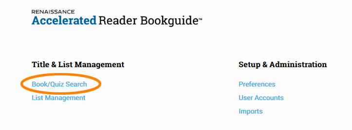 the Book/Quiz Search link under Title and List Management