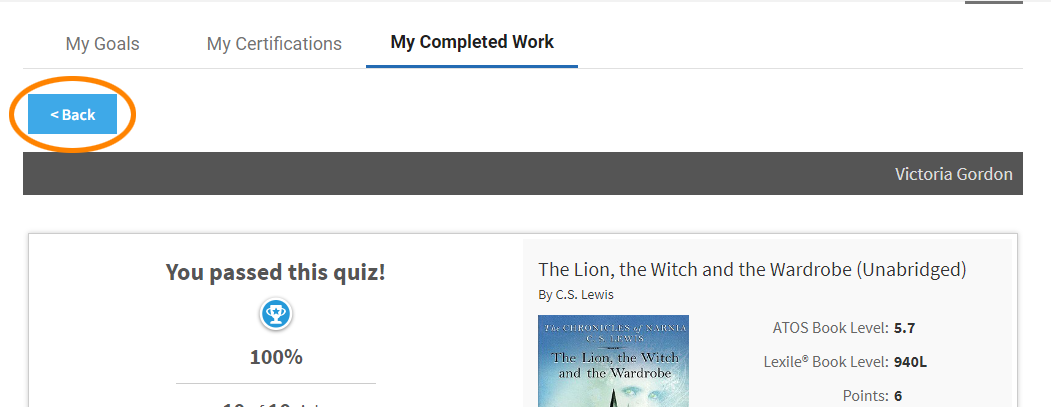 the Back button in quiz results