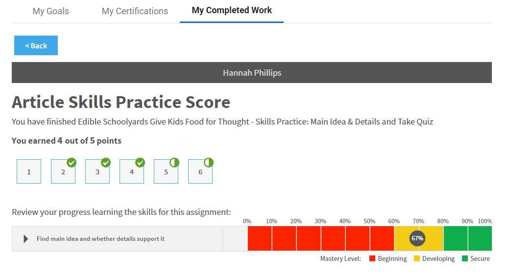 skills practice assignment results