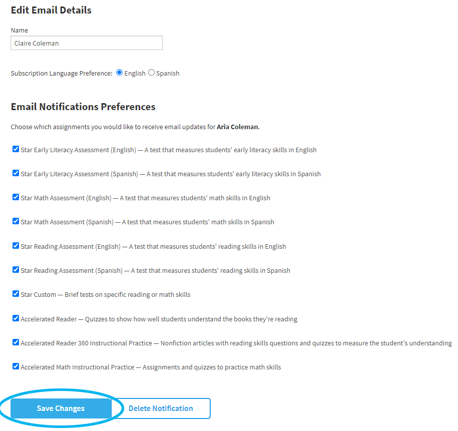 the Edit Email Details options