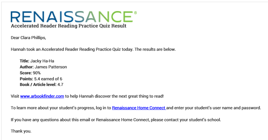example of an Accelerated Reader email