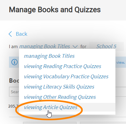 select viewing Article Quizzes from the drop-down list