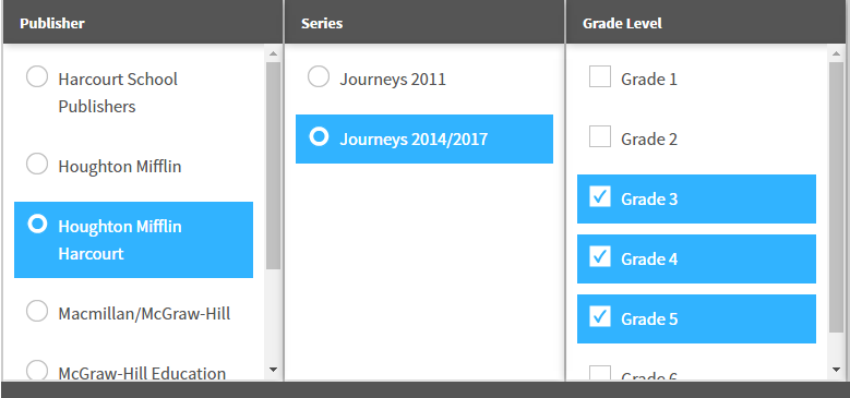 example of the columns showing one publisher and series selected and three grades selected