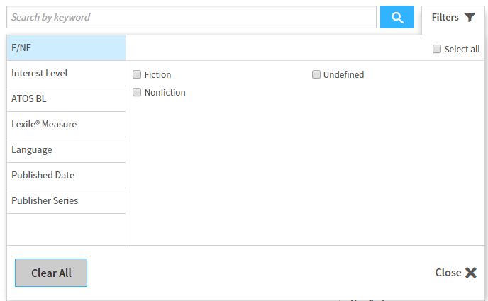 example of the available filters with F/NF selected