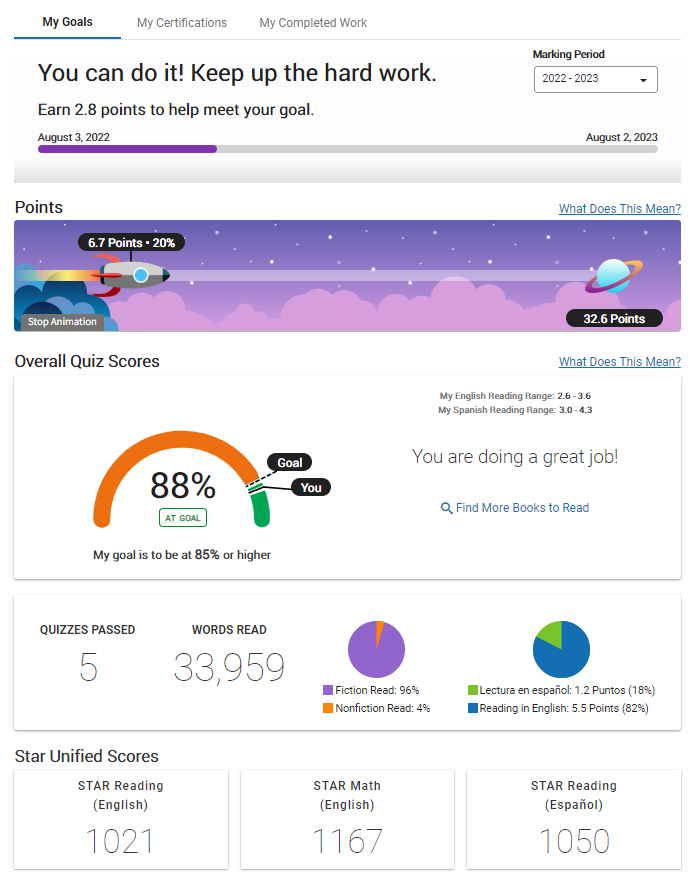 example of the goals page with the rocket