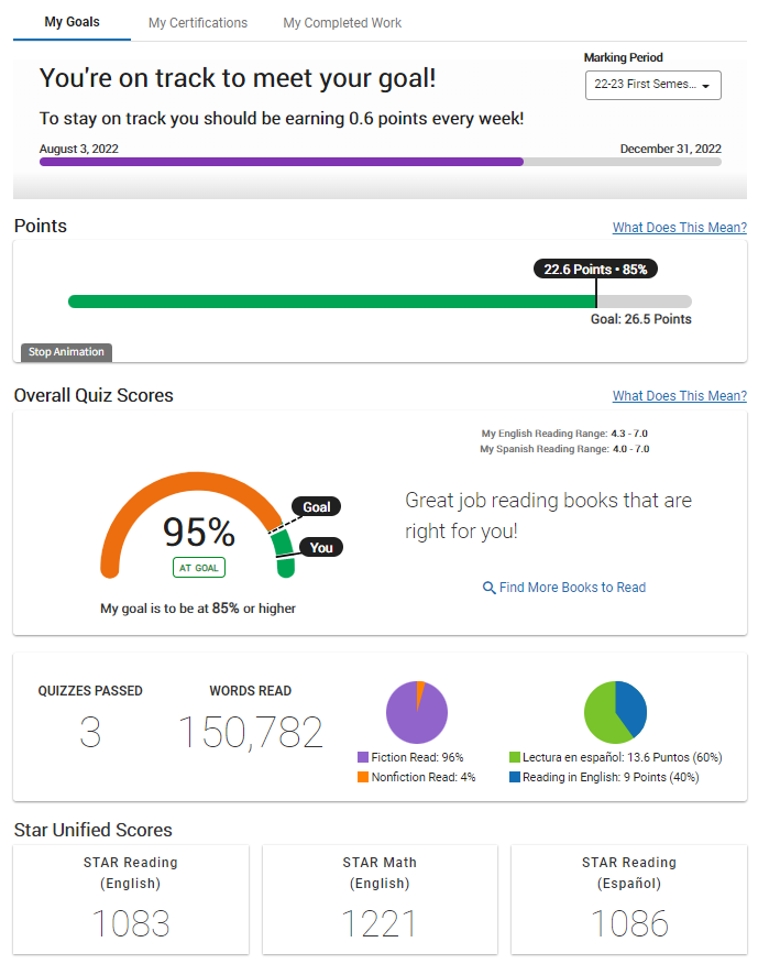 example of the goals page for older students