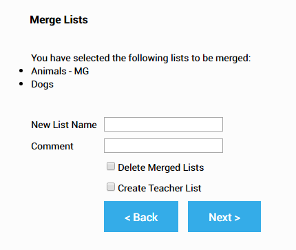the Merge Lists page with fields for the new list name and a comment and check boxes for deleting merged lists and creating teacher lists