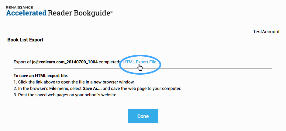 the HTML Export file link