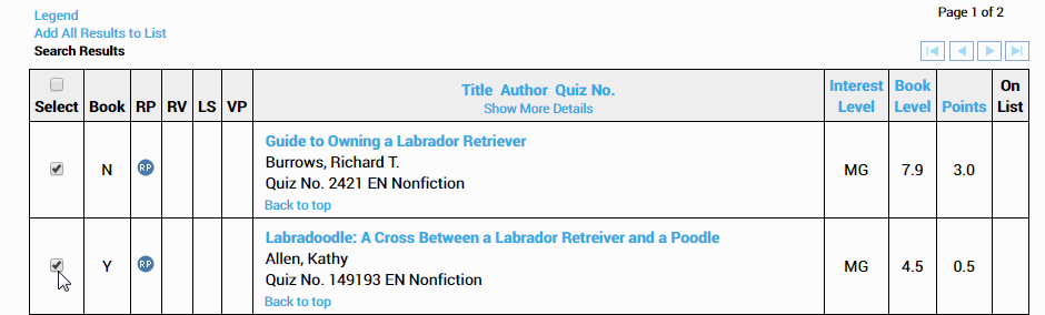 example showing two books checked in the search results