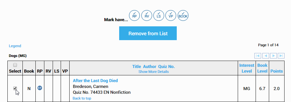 example showing a title that is on the list checked and the Remove from List button