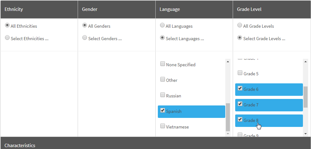 the demographics selection window - the Ethnicity, Gender, Language, and Grade Level columns