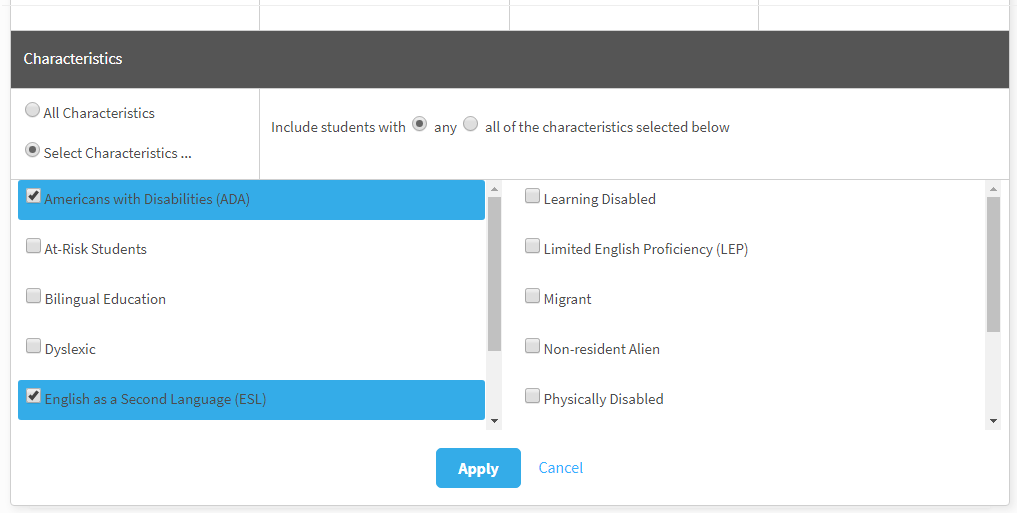 the demographics selection window's Characteristics options