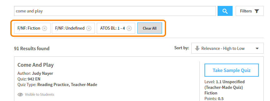 example showing interest level and ATOS BL filters applied with the Clear All button
