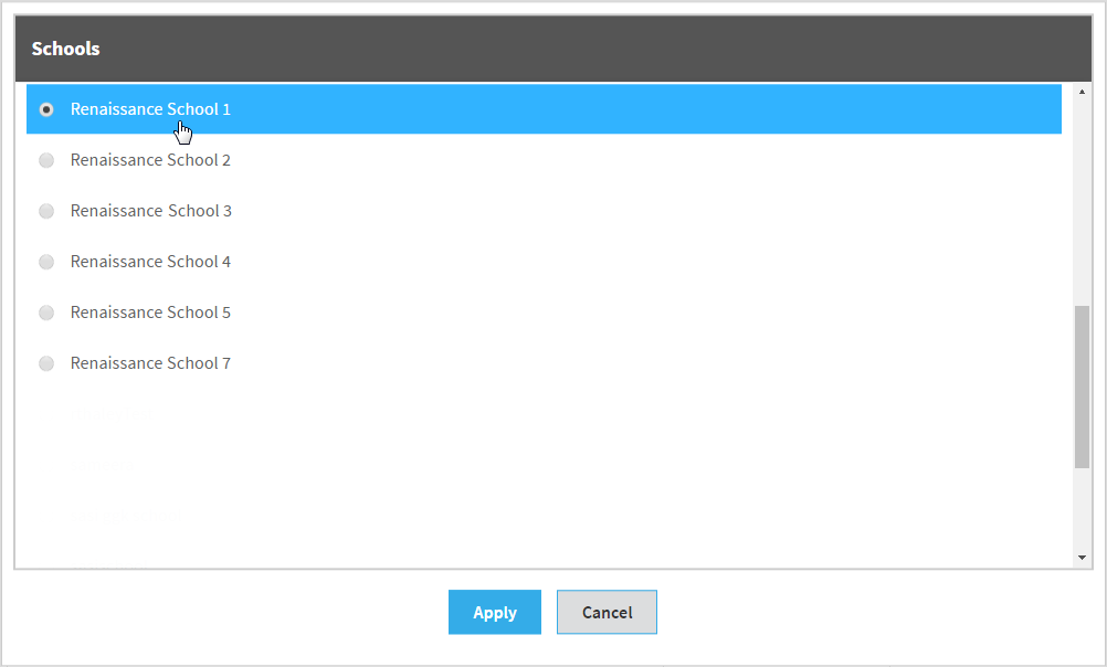 the school selection window with the Apply button