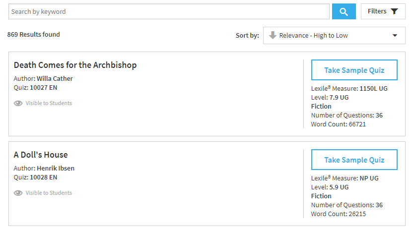 example of a list of reading practice quizzes