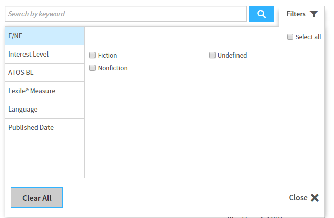 the available filters, with F/NF selected