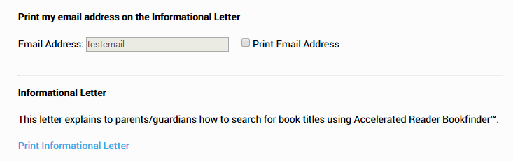 the email address field, print email address check box, and print informational letter link