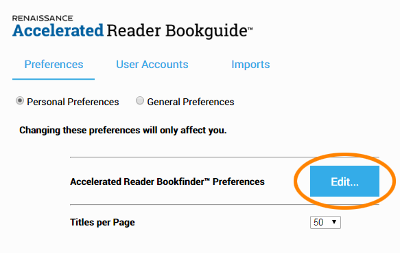 the Edit button for Accelerated Reader Bookfinder preferences