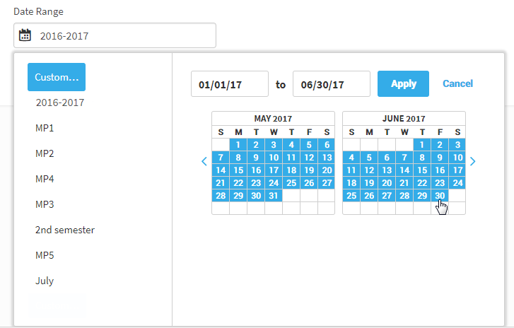 example of the calendar used to select the start and end dates of the custom range