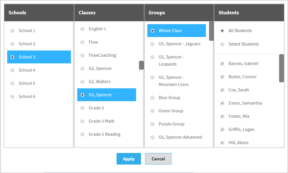 selection window with the Schools, Classes, Groups, and Students column