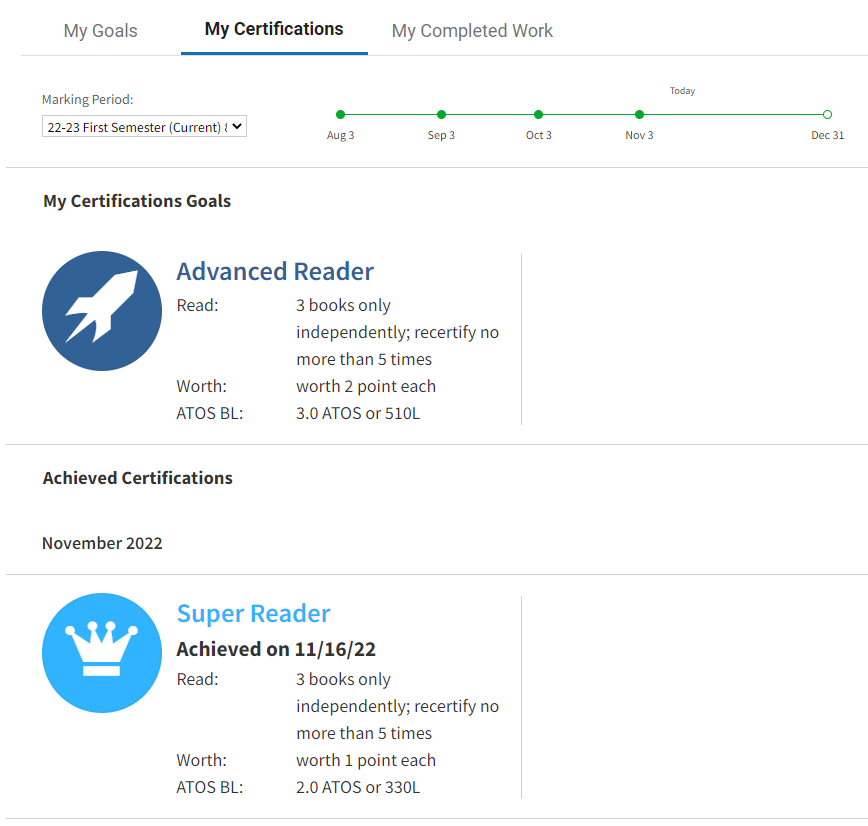 example of a student's certification goal and achieved certification