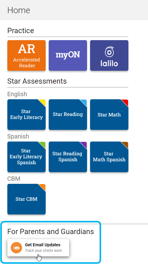 the Get Email Updates button on the student Home page