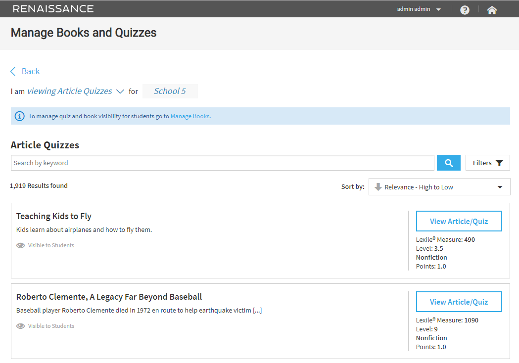 the Manage Books and Quizzes page with viewing Article Quizzes selected