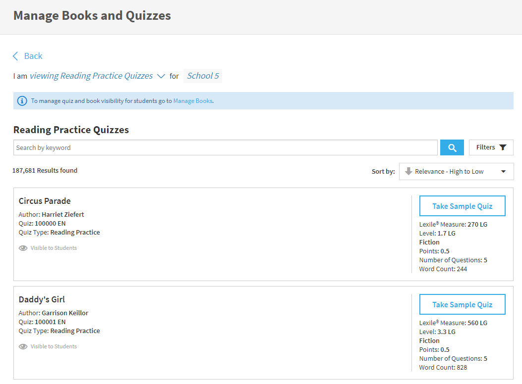 Manage Books and Quizzes page with Reading Practice Quizzes selected