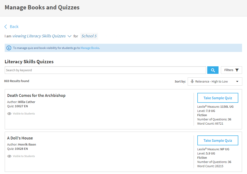 the Manage Books and Quizzes page with Literacy Skills Quizzes selected