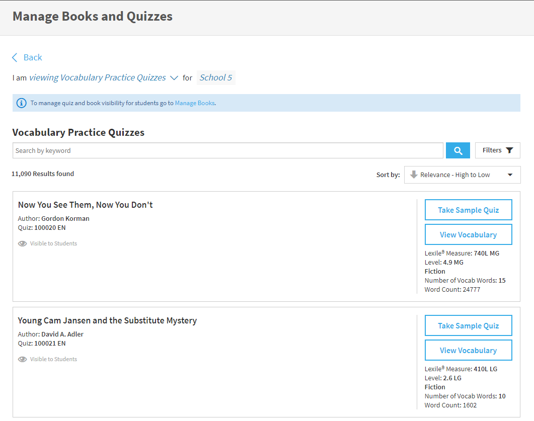 the Manage Books and Quizzes page with Vocabulary Practice Quizzes selected