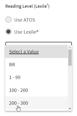 select the Lexile reading level that you want to search for