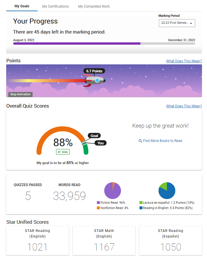 example of the student progress page for the grade 3-5 goal model