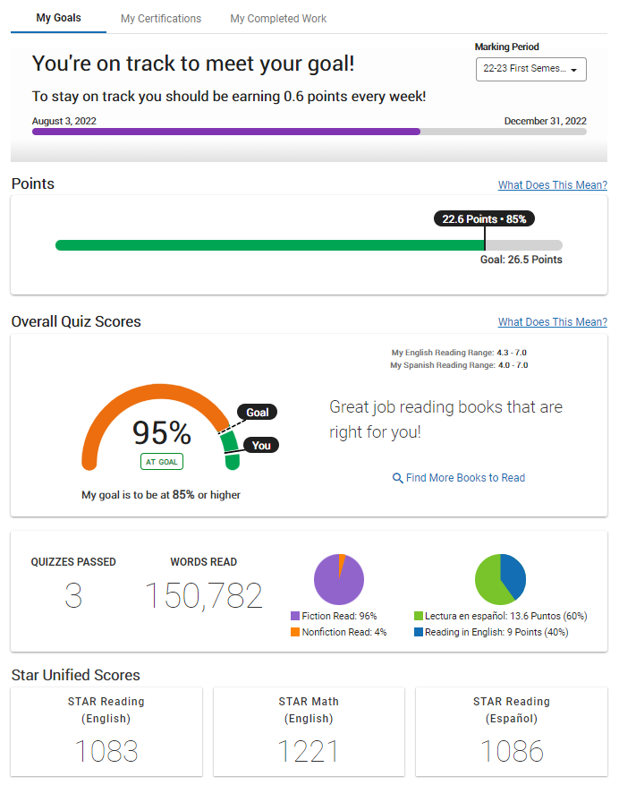 example of the student progress page for the grade 6+ goal model