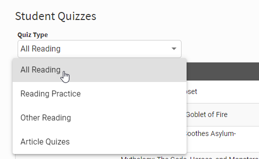 the Quiz Type drop-down lets you choose which quiz types to show