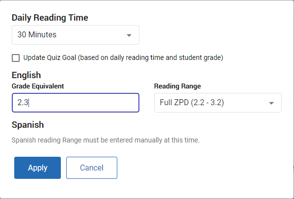 example of the goal calculator with Grade Equivalent when reading ranges are used