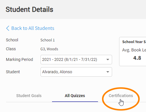 select the Certifications tab to see the student's certification goals