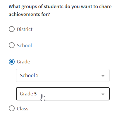 the Grade option selected with a school and grade selected in the drop-down lists