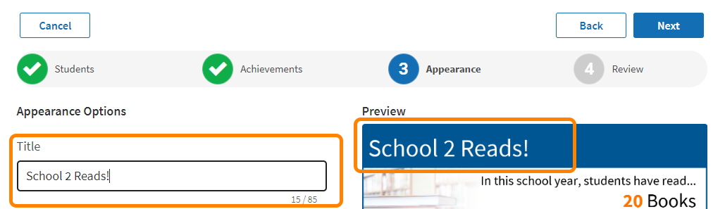 example with a title entered and shown in the preview