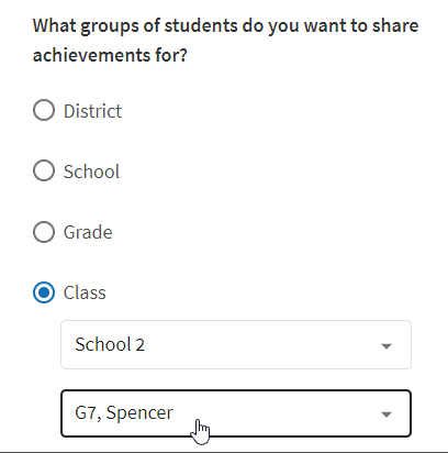 the Class option selected with a school and class selected in the drop-down lists