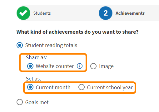 Website Counter selected with the Set As options for current month and current school year