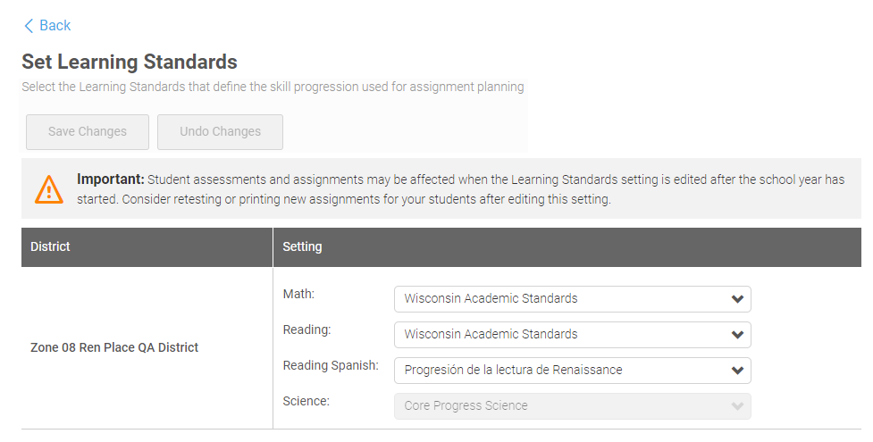 example of the Set Learning Standards page with drop-down lists for each school
