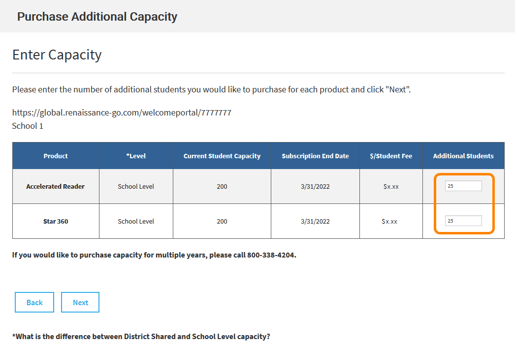 example showing the additional student capacity entered for two products