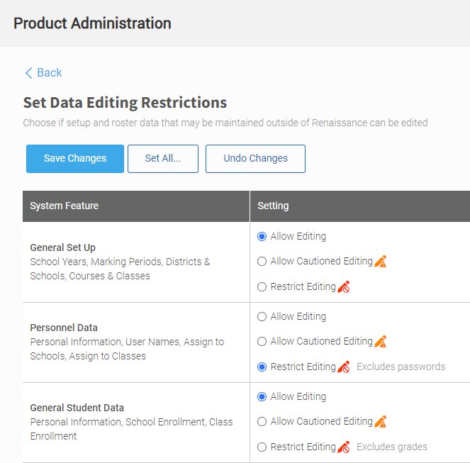 example of a portion of the Data Editing Restrictions page