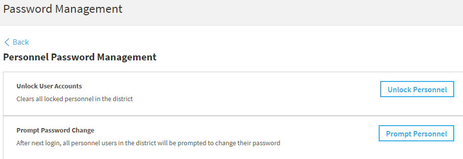 the Personnel Password Management page with the Unlock Personnel and Prompt Personnel buttons