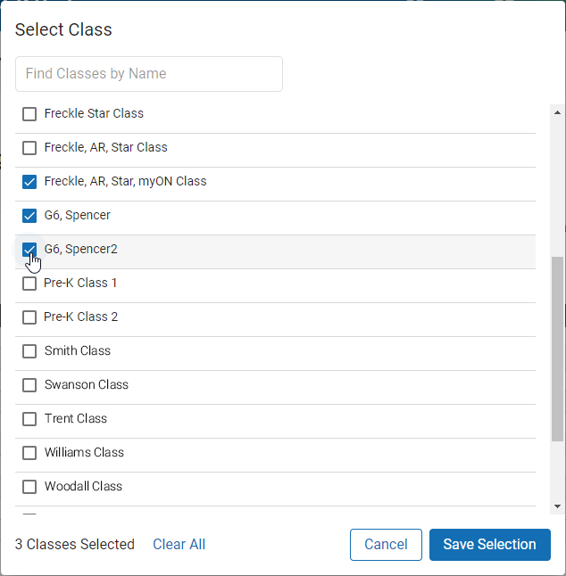 example of the Select Class window with some classes checked