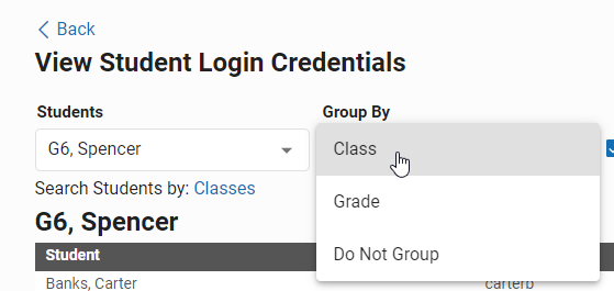 the Group By drop-down list with Class, Grade, and Do Not Group options