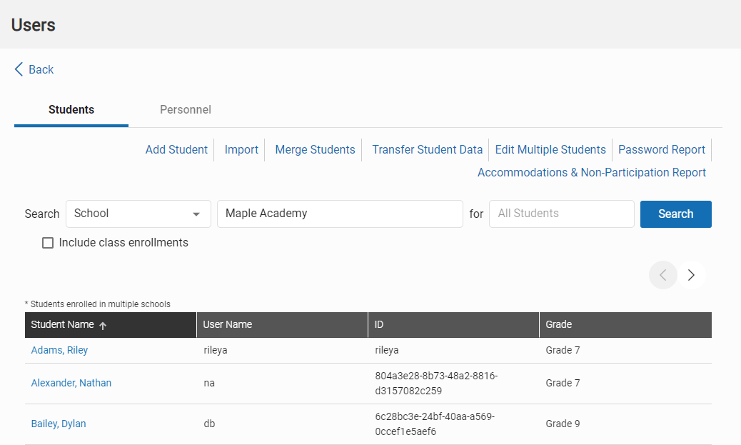 example of student search results