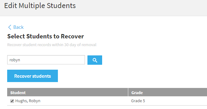 the Select Students to Recover page with one student checked